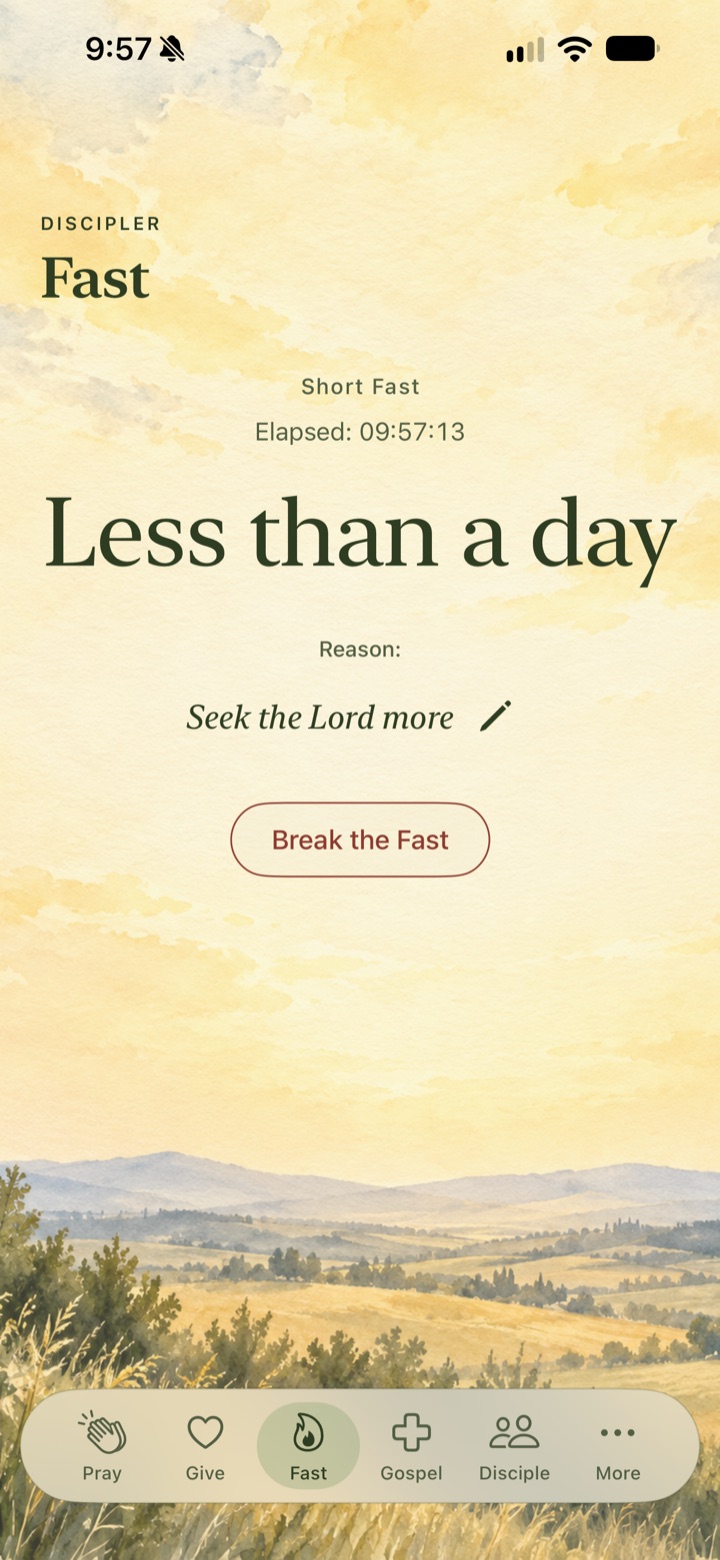 Discipler Fast screen showing an active fast