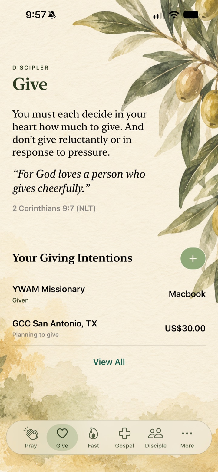 Discipler Give screen showing giving intentions