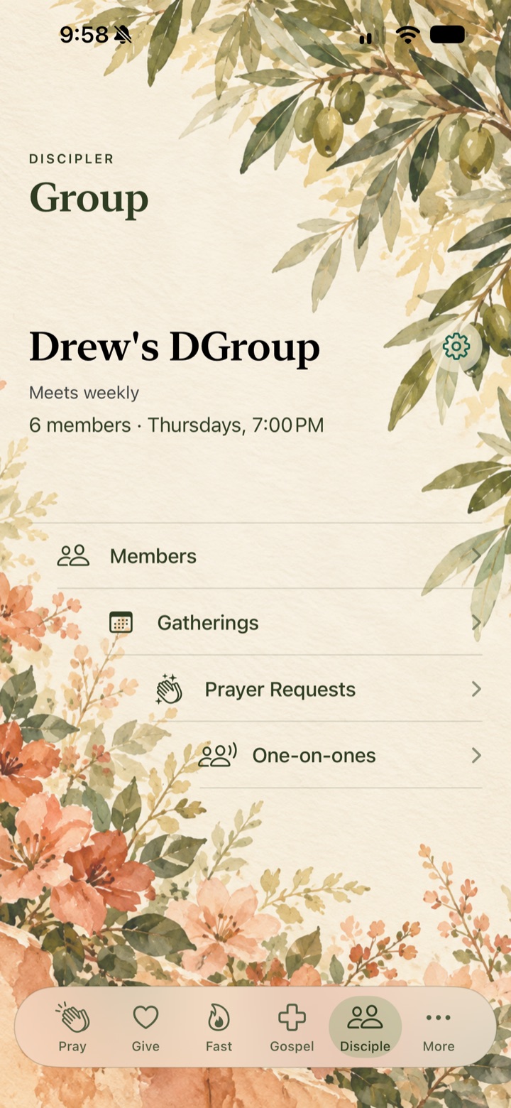 Discipler Group screen showing group activities