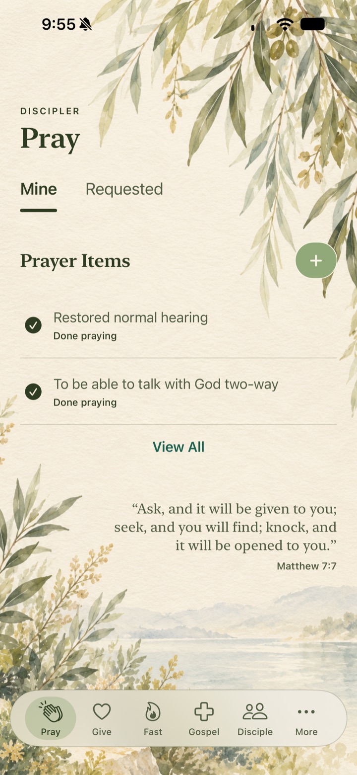 Discipler Pray screen showing personal prayer items