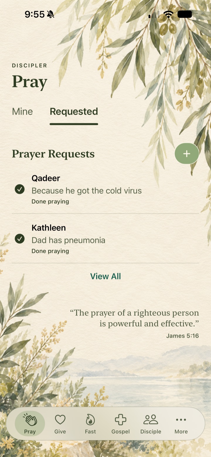 Discipler Pray screen showing prayer requests
